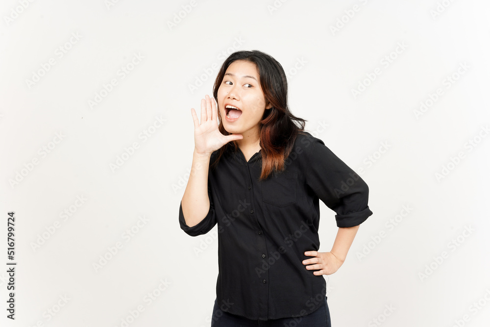 Announcement with hands over mouth of Beautiful Asian Woman Isolated On White Background Announcement with hands over mouth of Beautiful Asian Woman Isolated On White Background