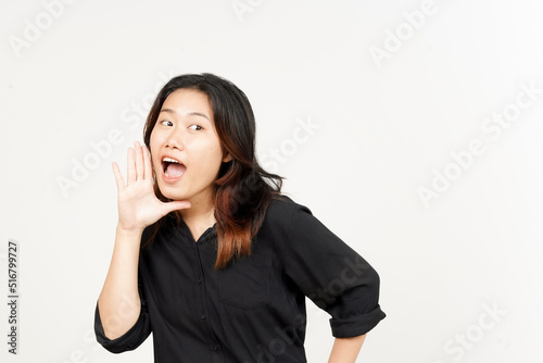 Announcement with hands over mouth of Beautiful Asian Woman Isolated On White Background