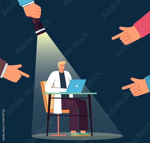 Fingers of employer or colleagues pointing at man at table. Hand holding flashlight above best or new worker flat vector illustration. Recruitment, human resources concept for banner or landing page