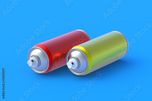 Metallic cans of spray paint. Hairspray or lacquer. Disinfectant sprayer. Renovation equipment. Gas in aerosol container. Tool for street art. 3d illustration