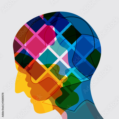 Man profile head. Headache, schizophrenia, mental health concept. Vector Illustration.