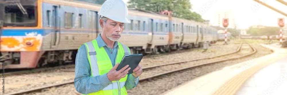 Professional railway engineer workers wearing safety suits and hard hats use tablet computers. A seriously successful senior railroad expert stood at the train station. Professional railway engineer workers wearing safety suits and hard hats use tablet computers. A seriously successful senior railroad expert stood at the train station.