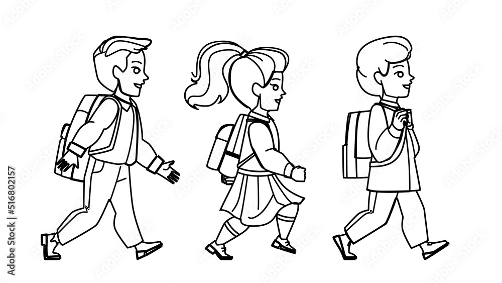 kid walk to school vector. backpack young boy girl, student back, happy lifestyle elementary children kid walk to school character. people black line pencil drawing vector illustration kid walk to school vector. backpack young boy girl, student back, happy lifestyle elementary children kid walk to school character. people black line pencil drawing vector illustration