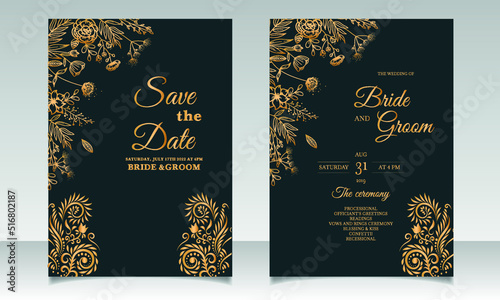 Beautiful floral golden wedding invitation card design templates