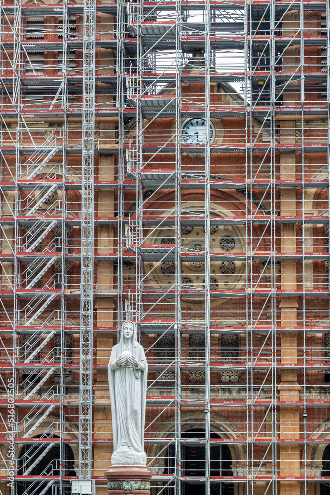 Fototapeta premium Saigon, Vietnam - Jun 16, 2021 - The restoration of Notre Dame Cathedral of Saigon - Deterioration worse than estimated, restoration of Saigon Notre Dame Cathedral will need three more years