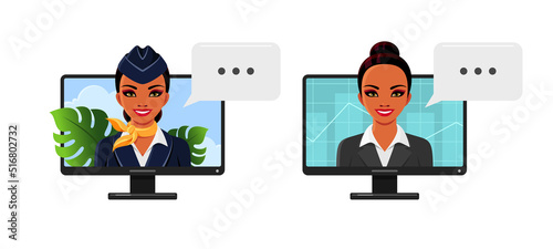 Indian girls portraits, stewardess and business woman on computer screen. Vector cartoon set of female characters, air hostess in uniform and businesswoman, trader, manager or realtor with graph