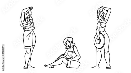 laser hair removal vector. leg armpit bikini, beauty laser body skin, female treatment, spa care laser hair removal character. people black line pencil drawing vector illustration