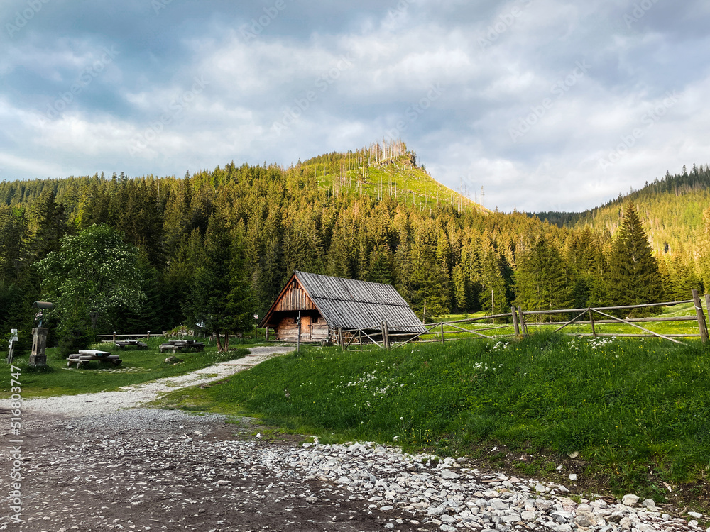Shepherd's hut in mountain valley in Tatras mountains in Poland