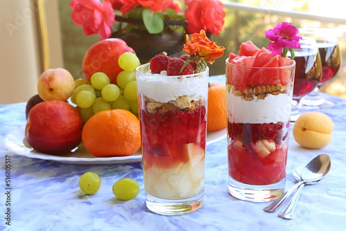 Summer desserts with fruits and yogurt