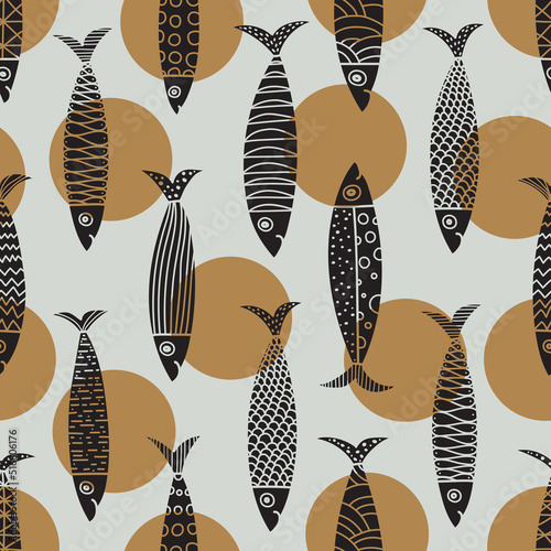Black fish and gold polka dot.  Retro background. Seamless pattern. Can be used in textile industry, paper, background, scrapbooking.