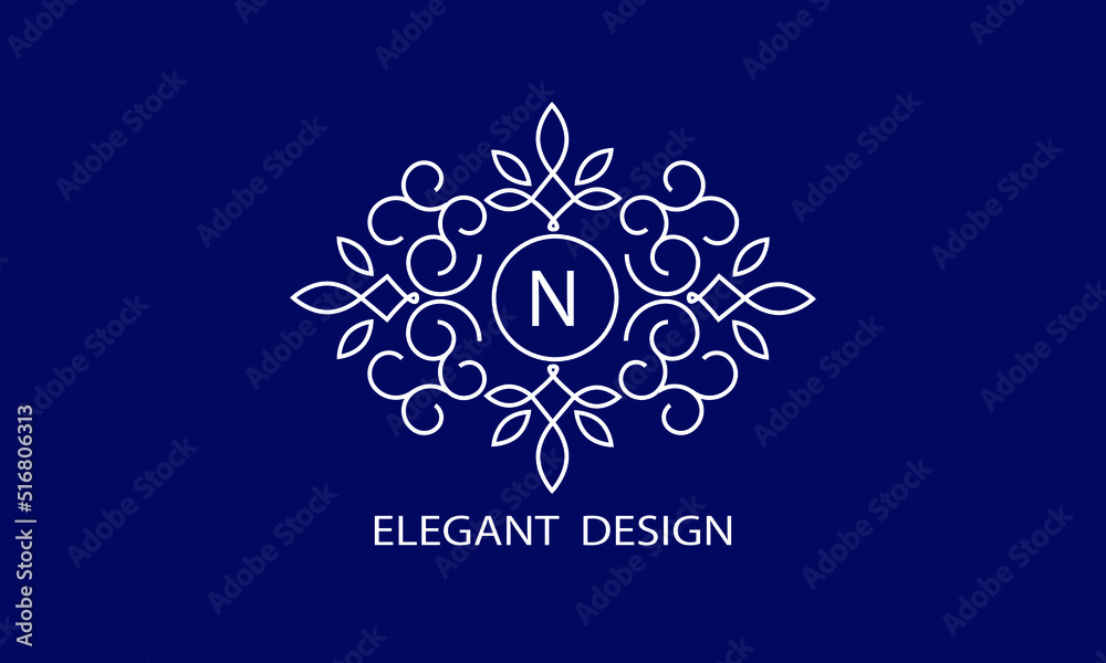 Trendy logo design template. Simple and clear initials N with ornate frames and blue background, suitable for restaurants, hotels, cafes, shops, fashion, beauty salons, etc. Trendy logo design template. Simple and clear initials N with ornate frames and blue background, suitable for restaurants, hotels, cafes, shops, fashion, beauty salons, etc.