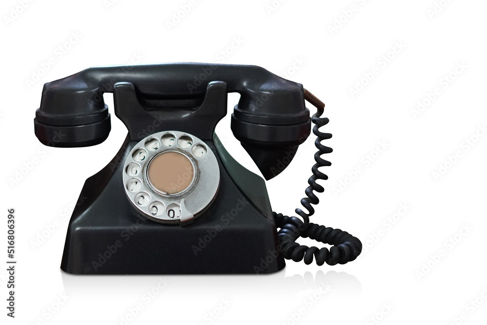 front view old black and white telephone on white background, object, vintage, retro, decor, copy space front view old black and white telephone on white background, object, vintage, retro, decor, copy space