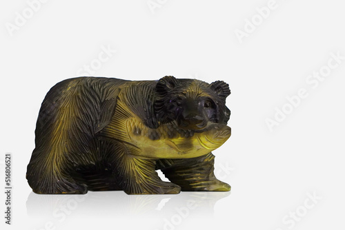 inside left, old wooden and yellow bear with fish on white background, object, decor, vintage, fashion, copy space