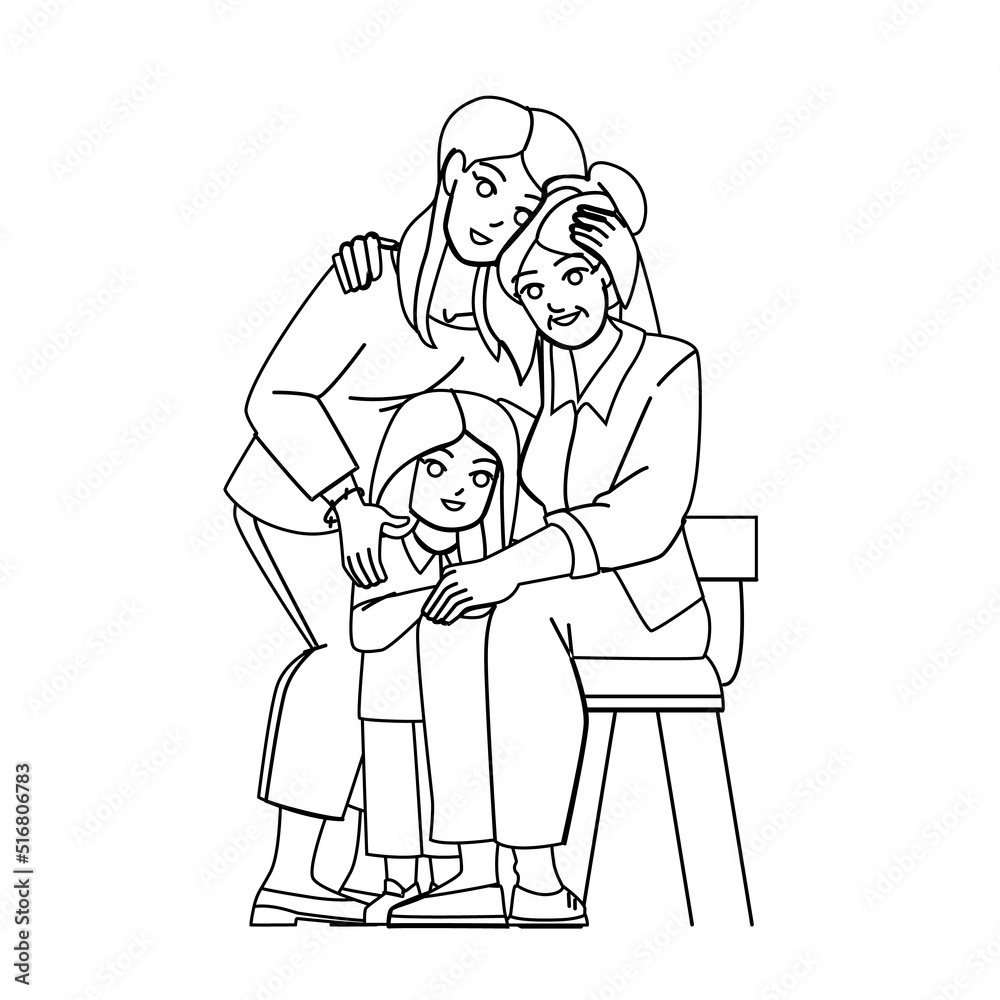 mother daughter grandmother vector. family happy women, mom child, generation adult grandma mother daughter grandmother character. people black line pencil drawing vector illustration