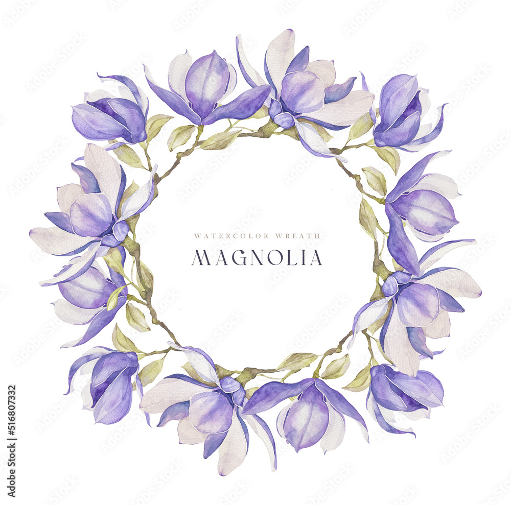 Watercolor magnolia flower blossom frame wreath for wedding, baby shower invitation