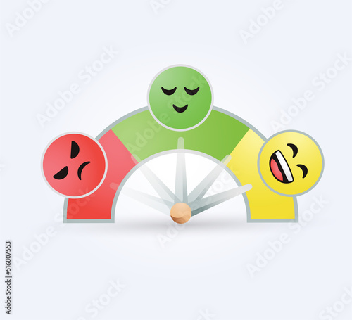 Emotional moving speedometer control element. Emotion expression scale, infographic, customer survey satisfaction feedback and quality score rating with faces.