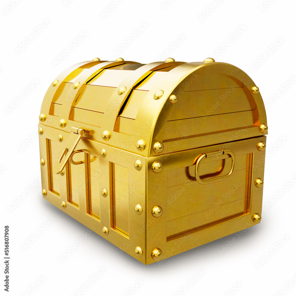 Treasure chest made of gold. Antique chest made of wood and metal, painted gold. Antique padlock locks the treasure chest. on a white background with clipping path. 3D rendering Treasure chest made of gold. Antique chest made of wood and metal, painted gold. Antique padlock locks the treasure chest. on a white background with clipping path. 3D rendering