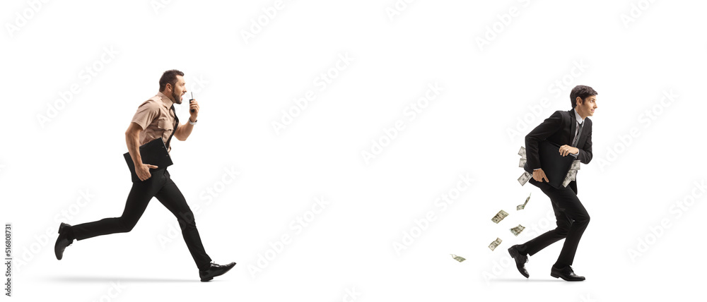 Full length profile shot of a security guard running after a businessman with a suitcase full of money Full length profile shot of a security guard running after a businessman with a suitcase full of money