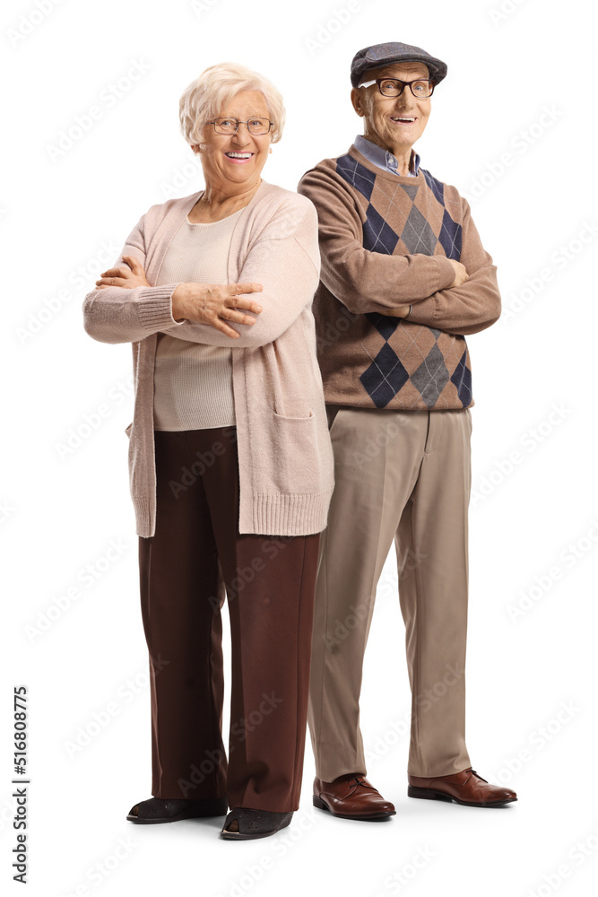 Full length portrait of an elderly man and woman smiling and posing with crossed arms