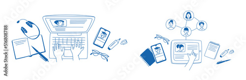 Learning online, e-learning video call chat with class. Distance education