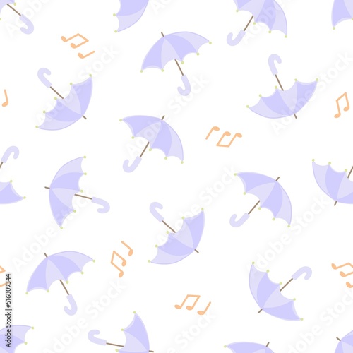 Seamless pattern with umbrellas and notes. Image in a cute flat style on a white background.
