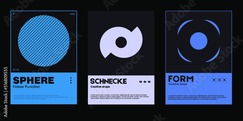 Meta modern aesthetics of swiss design poster collection layout. Brutalist-inspired vector graphics template set featuring bold typography and abstract geometric shapes.