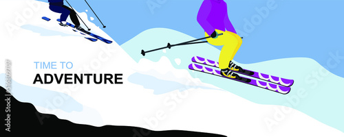 Stylized illustration of two skiers. Winter sports and recreation, winter holidays and ski resort concept vector illustration. Time to adventure vector isolated 