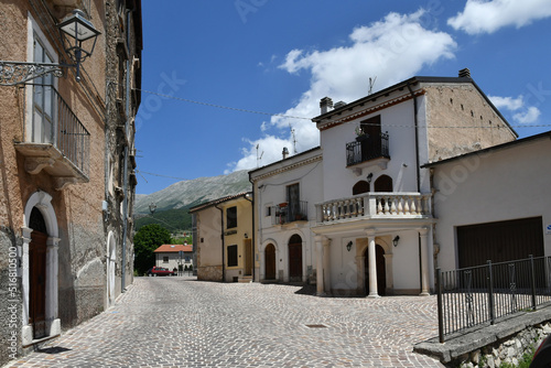 A street among the old stone houses of Campo di Giove, a medieval village in the Abruzzo region of Italy.