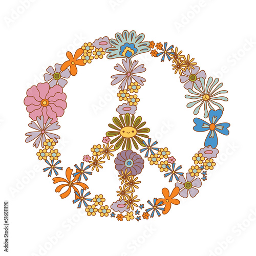 Retro 70s hippie peace sign floral wreath vector illustration isolated on white. Boho groovy floral pacifist symbol. Flower power. Flower child t-shirt print