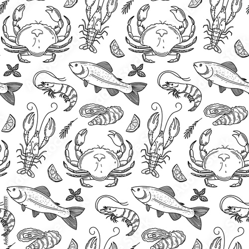 Hand drawn seafood seamless pattern. Decorative doodle background of squid, salmon, scallops, lobster, crab, shellfish and mussels