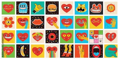 Retro love crazy and smeared heart smiley face. Hippie groovy smile character vector set. Valentine day concept. Vector illustration