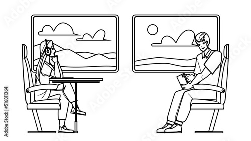 people train vector. travel young person, transport station, railway passenger people train character. people black line pencil drawing vector illustration