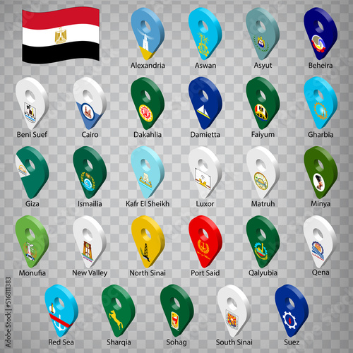 Twenty seven flags the States of Egypt -  alphabetical order with name.  Set of 3d geolocation signs like flags States of Egypt. Twenty seven 3d geolocation signs for your design. EPS10