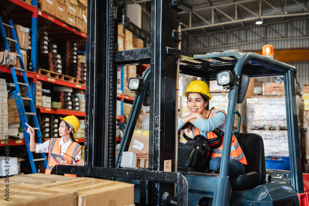 Portrait of a female worker with a forklift in the warehouse., Industrial and industrial concept.