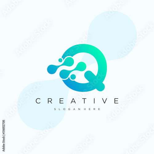 Initial Letter Q Logo. Blue Gradient Linear Rounded Style with Connected Liquid Dots . Usable for Business Science and Technology Logos. Flat Vector Logo Design Template Element.