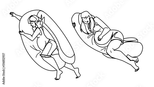 pregnancy pillow vector. pregnant body sleep woman, maternity bed, mother insomnia pregnancy pillow character. people black line pencil drawing vector illustration