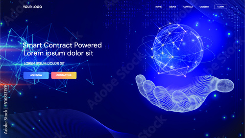 Technology smart contract Landing page, point and line composed world map, representing the global, Global network connection, World Technology