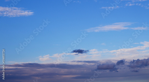 Natural background. Blue sky with clouds at sunset. Closeup.