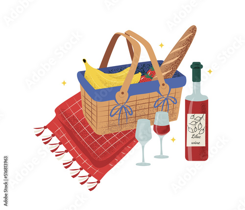 Hand drawn scenery with opened picnic basket on a plaid blanket with food, bananas, berries and baguette, wine bottle and wine glasses. Isolated on white, vector illustration