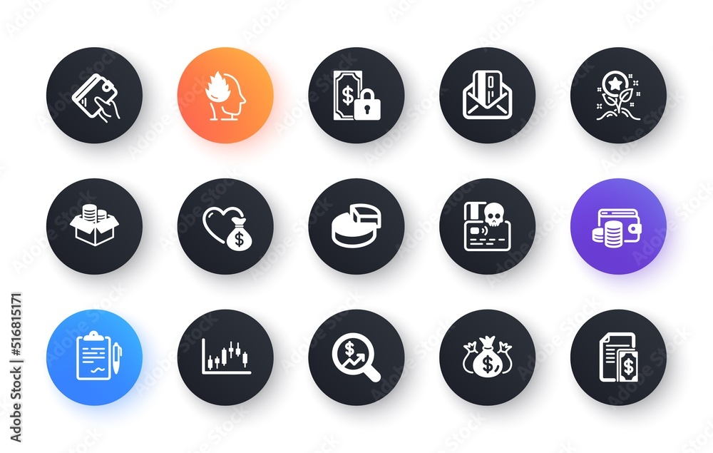 Minimal set of Donation, Wallet and Currency audit flat icons for web development. Pie chart, Private payment, Money box icons. Cyber attack, Wallet money, Loyalty points web elements. Vector