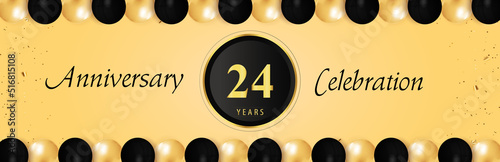 24 years anniversary celebration with gold and black balloon borders isolated on yellow background. Premium design for happy birthday, marriage, greetings card, celebration events, graduation.
