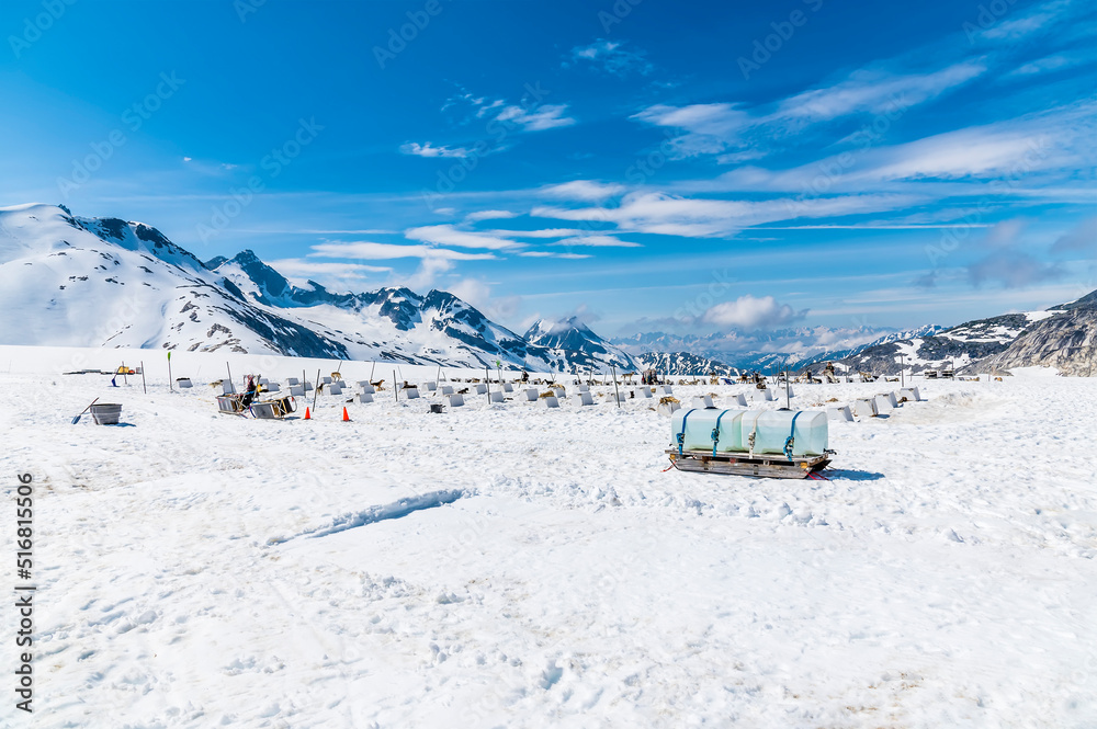 A view across a musher camp on the Denver glacier close to Skagway, Alaska in summertime