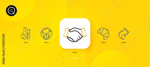 Share, Magistrates court and Croissant minimal line icons. Yellow abstract background. Handshake, Chemistry lab icons. For web, application, printing. Link, Internet judgement, Fresh bakery. Vector