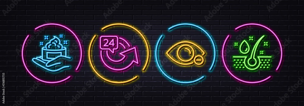 Skin care, 24 hours and Myopia minimal line icons. Neon laser 3d lights. Serum oil icons. For web, application, printing. Hand cream, Repeat, Eye vision. Healthy hairs. Neon lights buttons. Vector