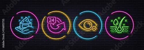 Skin care, 24 hours and Myopia minimal line icons. Neon laser 3d lights. Serum oil icons. For web, application, printing. Hand cream, Repeat, Eye vision. Healthy hairs. Neon lights buttons. Vector