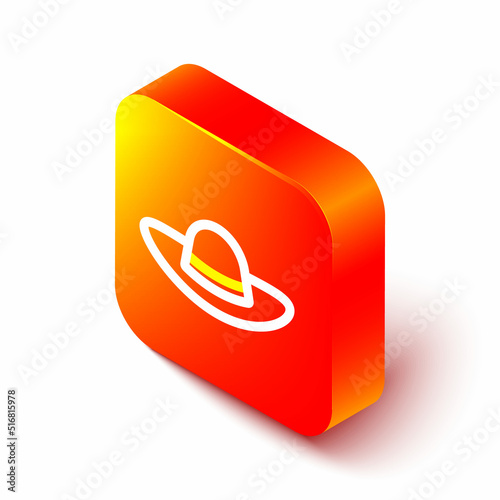 Isometric line Elegant women hat icon isolated on white background. Orange square button. Vector