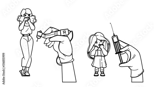 scared patient vector. woman kid girl afraid dentist syringe, hospital fear, dental scare scared patient character. people black line pencil drawing vector illustration
