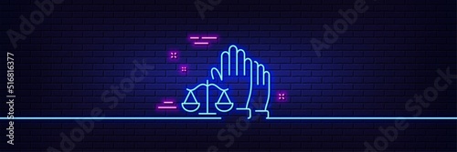 Neon light glow effect. Court jury voting line icon. Justice scales sign. Judgement law symbol. 3d line neon glow icon. Brick wall banner. Court jury outline. Vector