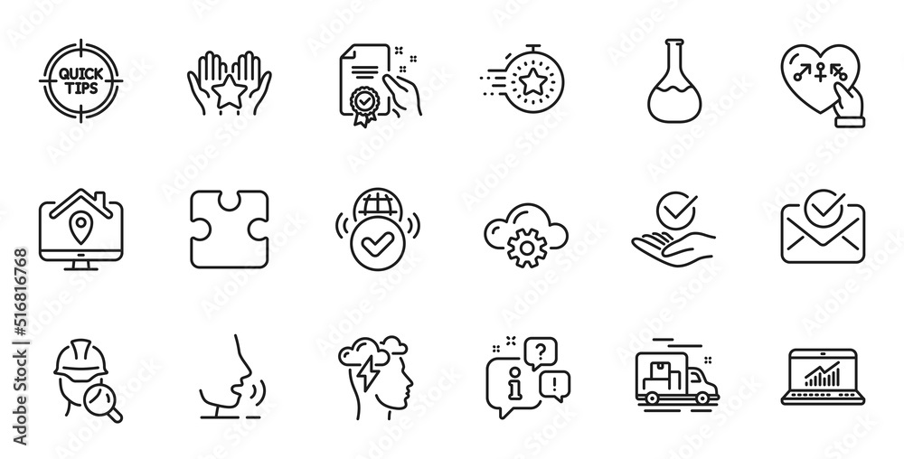 Outline set of Online statistics, Inspect and Genders line icons for web application. Talk, information, delivery truck outline icon. Include Cloud computing, Approved, Work home icons. Vector