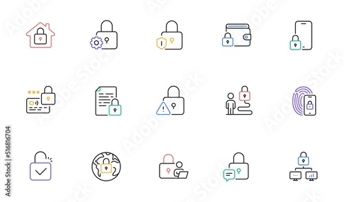 Locks line icons. Fingerprint protection, Unlock code and Credit card password icons. Open padlock, Locked document and Network lock. Online wallet, Fingerprint access and info protection. Vector